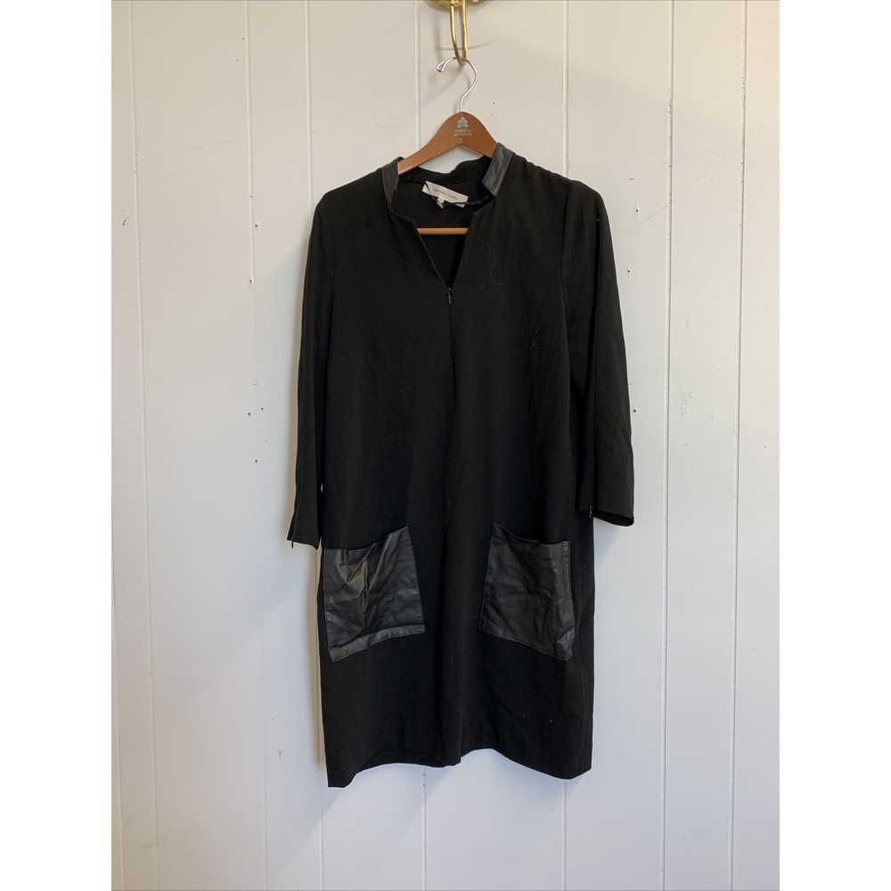 Gerard Darel Dress 40 Zip‎ Up Front Black Long Sleeve Leather Collar Pocket
